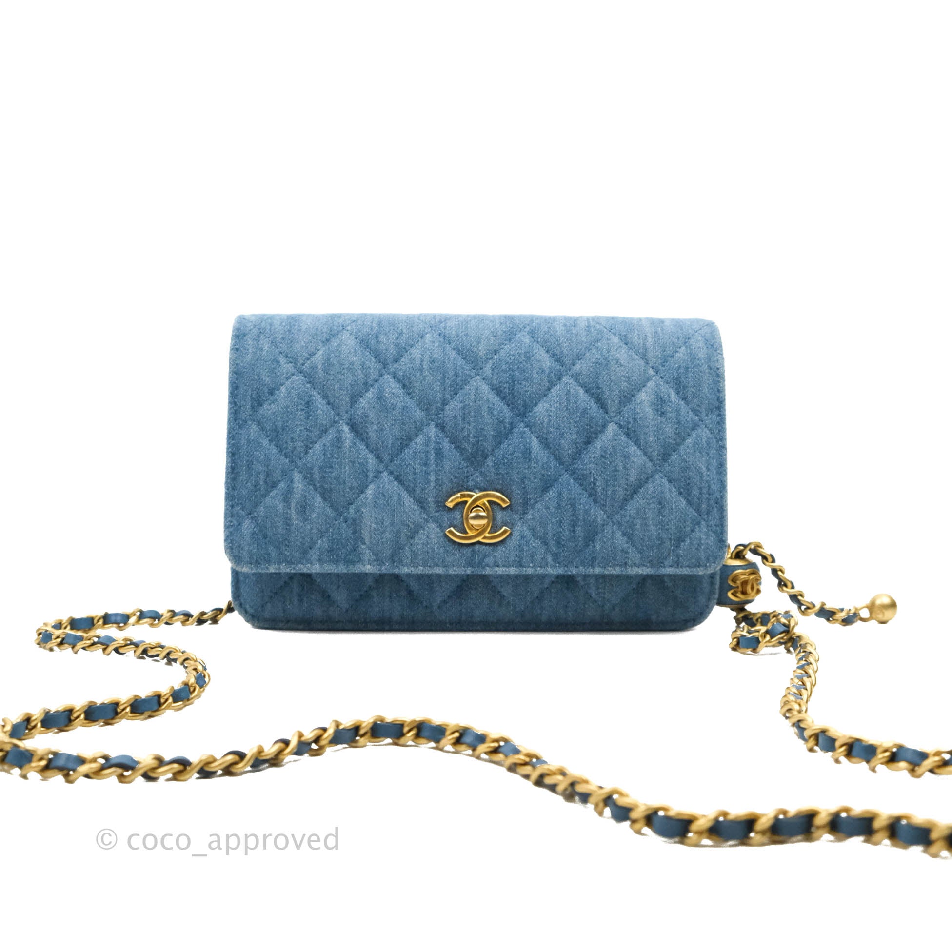 Chanel Quilted Pearl Crush Wallet on Chain WOC Denim Aged Gold Hardware