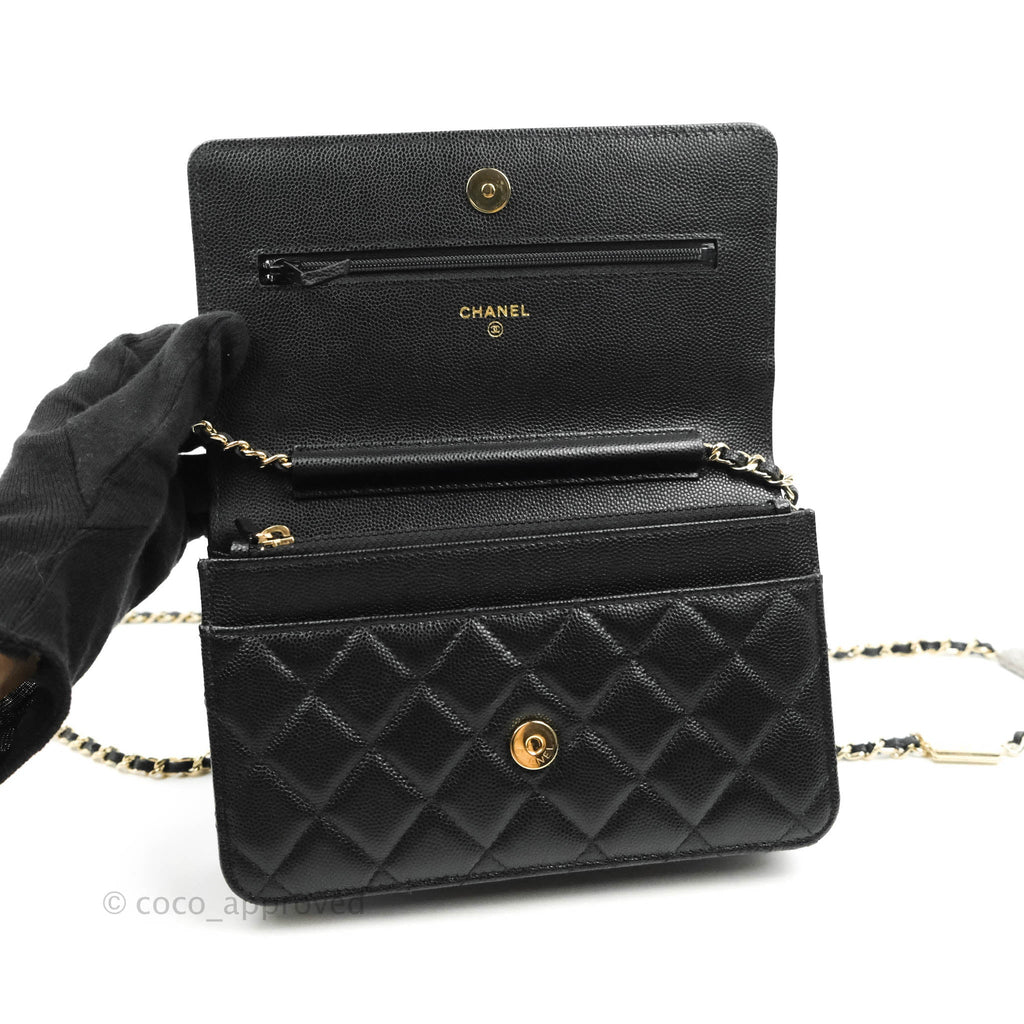 Chanel Quilted WOC Black Caviar Gold Hardware With Charms