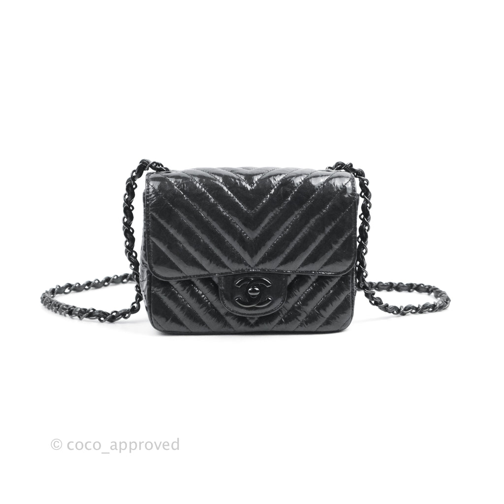 Chanel Mini Square Chevron Flap Black Crumpled Metallic Patent So Black