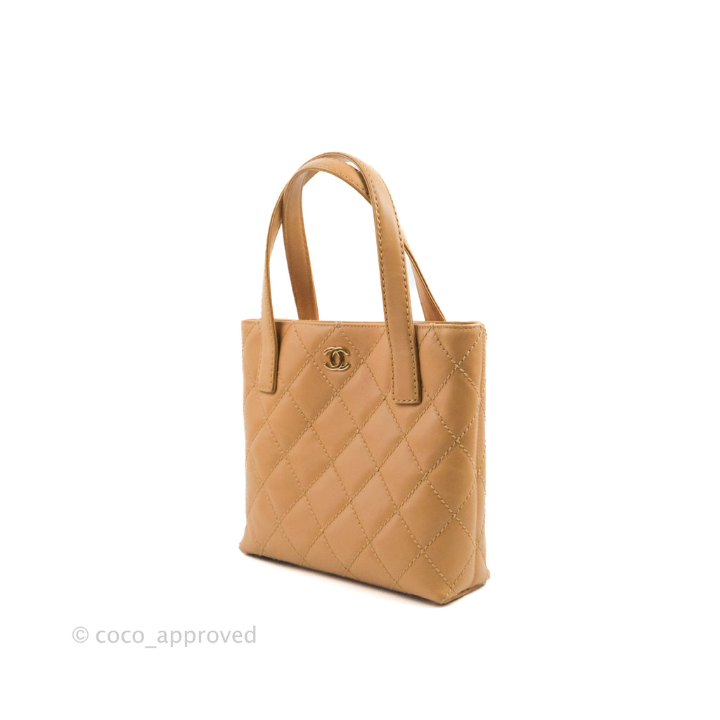 Chanel Vintage Quilted CC Tote Bag Beige Calfskin Gold Hardware
