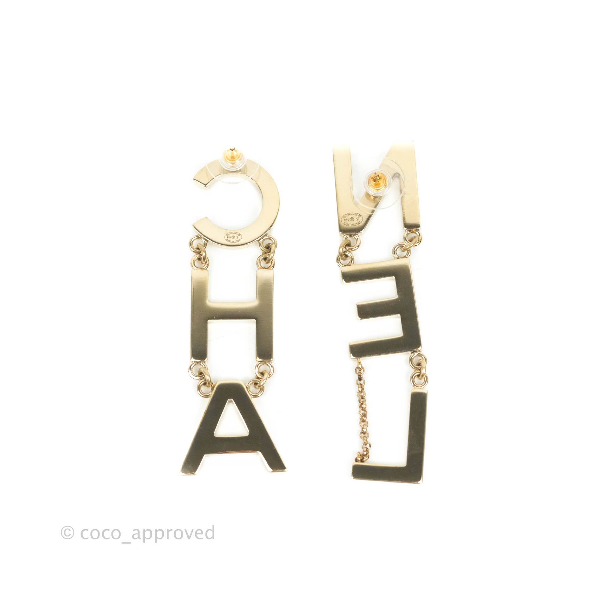 Chanel Letter Cha-Nel Logo Drop Earrings Gold Tone 19S – Coco Approved  Studio