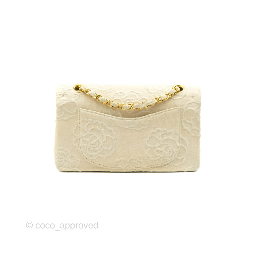 Chanel Small Flap Camellia Embroidered Ivory Beige Linen Canvas 24K Gold Hardware