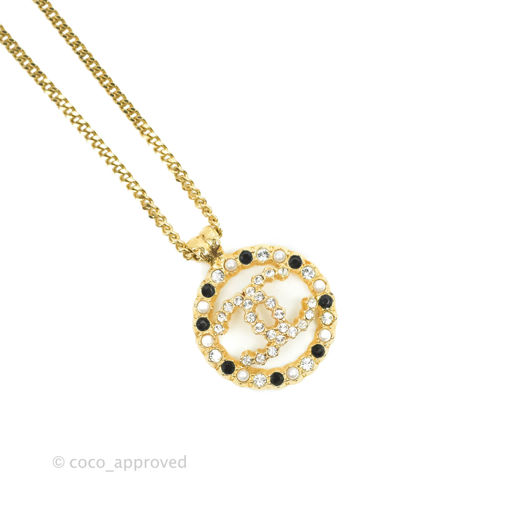 Chanel CC Pendant Necklace Gold Black White Crystal