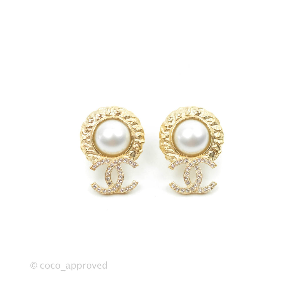 Chanel Pearl Crystal CC Earrings Gold Tone 22C