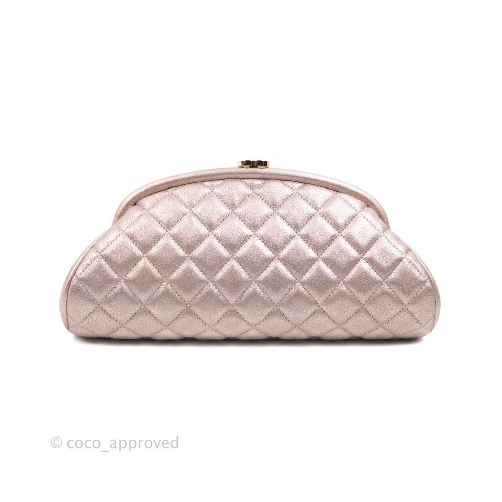 Chanel Quilted Timeless Kisslock Clutch Metallic Rose Gold Goatskin Silver Hardware