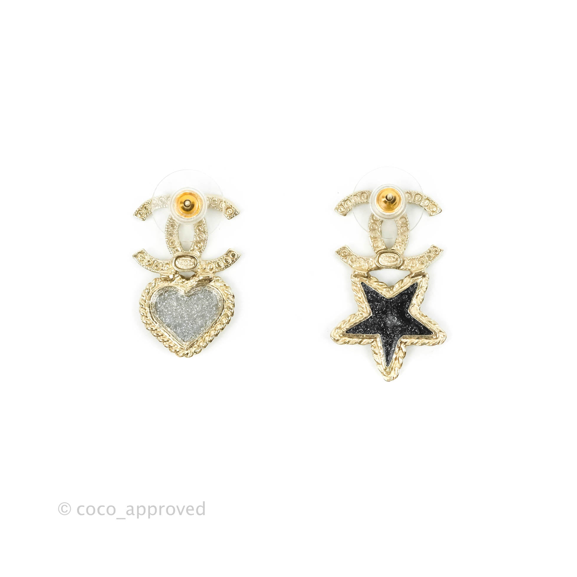 Chanel Crystal CC Glitter Heart & Star Earrings Gold Tone 20S – Coco  Approved Studio