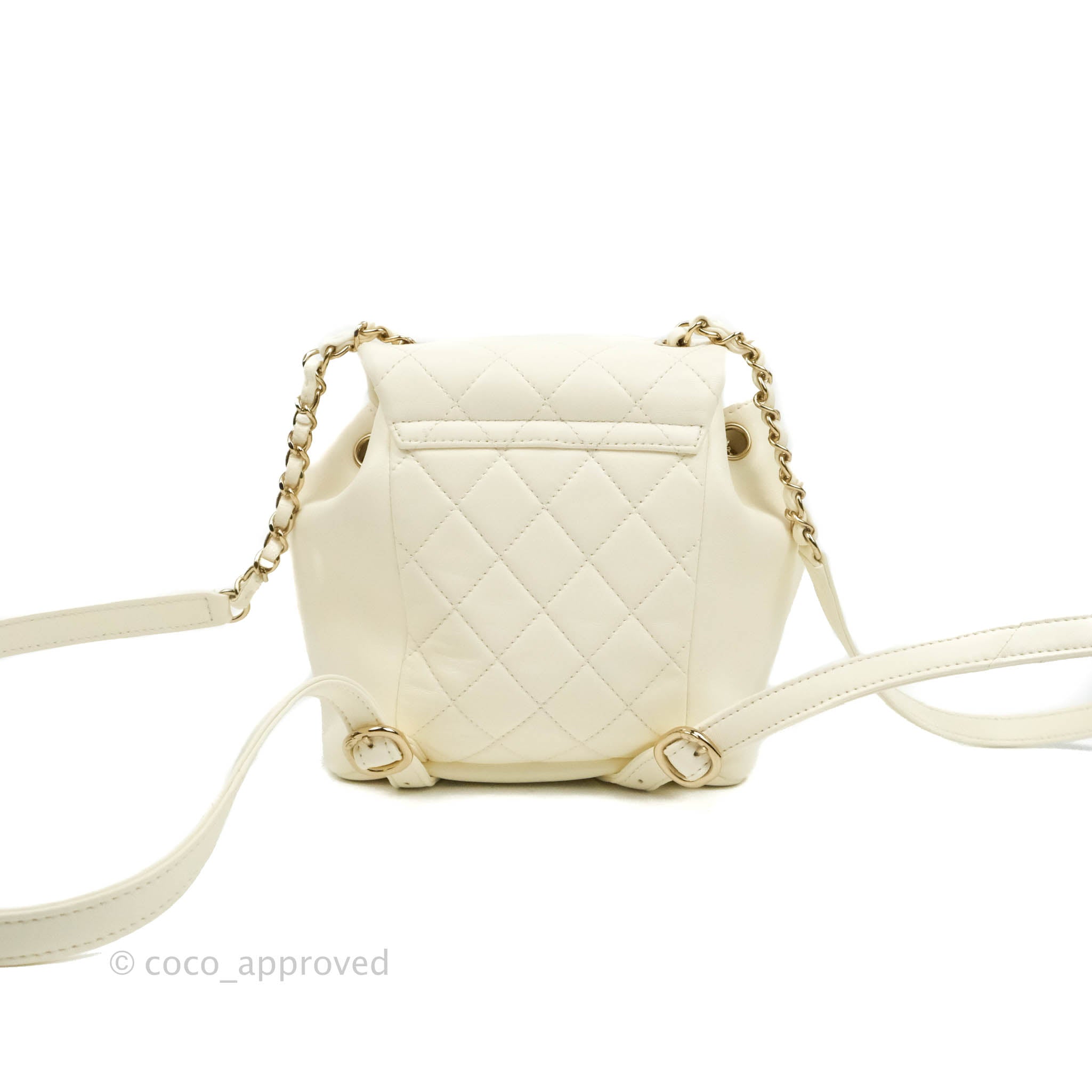 chanel mini backpack white Chanel Quilted Small Duma Drawstring Backpack White Lambskin – Coco Approved Studio