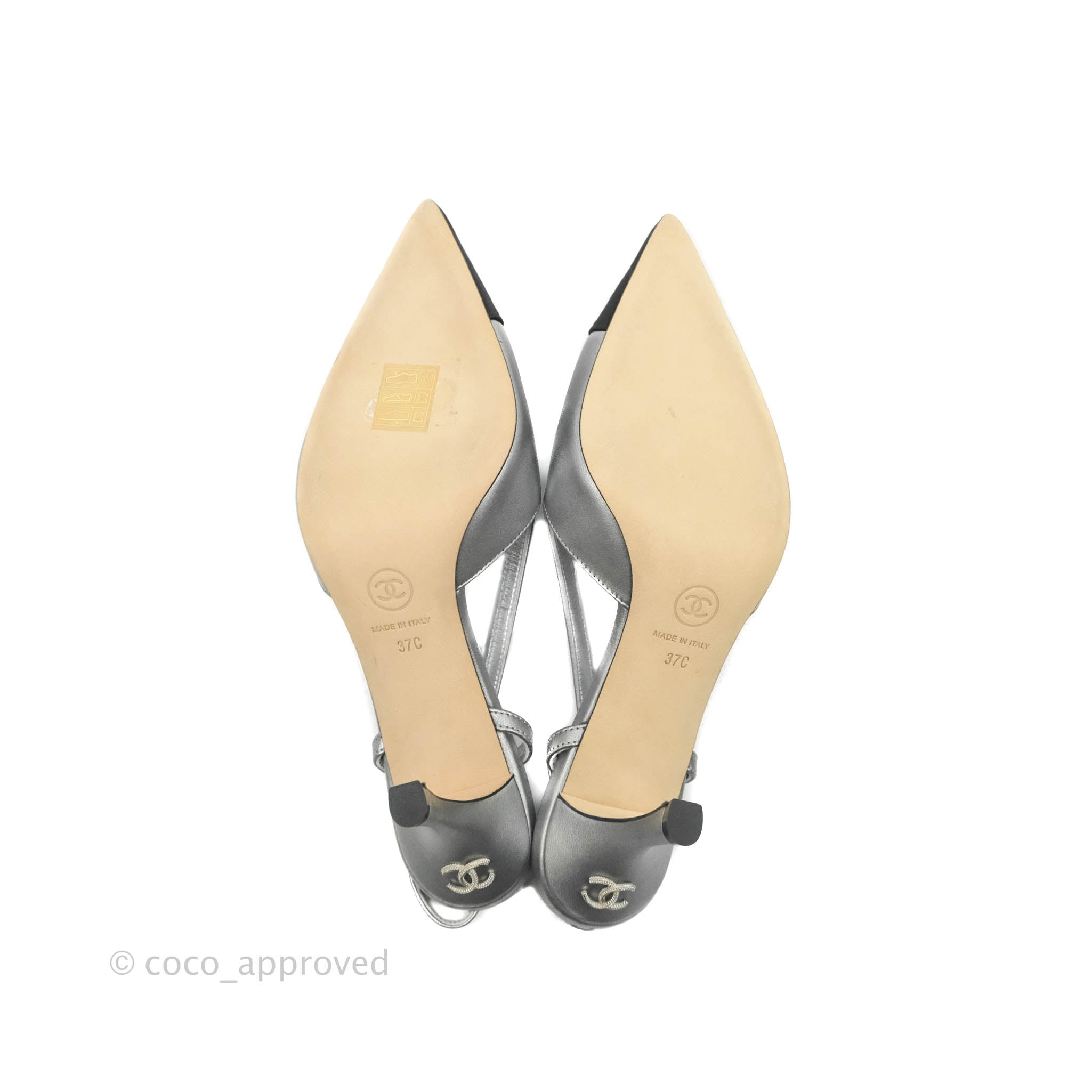 Chanel Pointy Slingback Heels Silver Black Size 37 – Coco Approved Studio