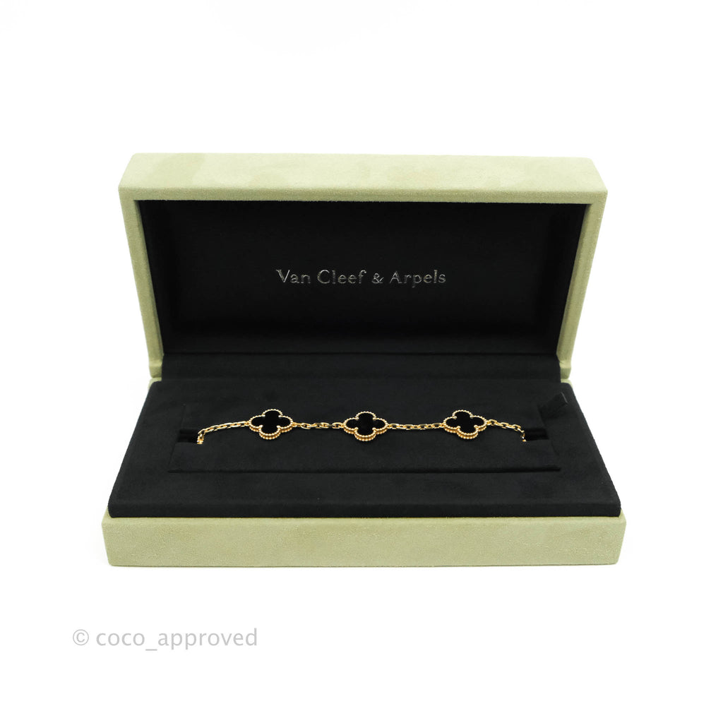 Van Cleef & Aprels 18k Gold and Black Onyx Vintage Alhambra 5 Motif Bracelet Yellow Gold