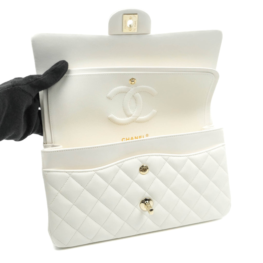 Chanel Quilted M/L Medium Double Flap White Lambskin Gold Hardware