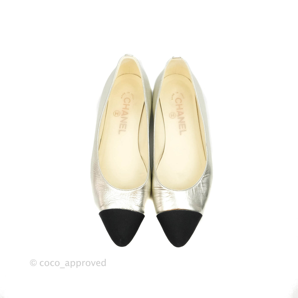 Chanel Silver Black Toe Pointed Pump Flats Size 36