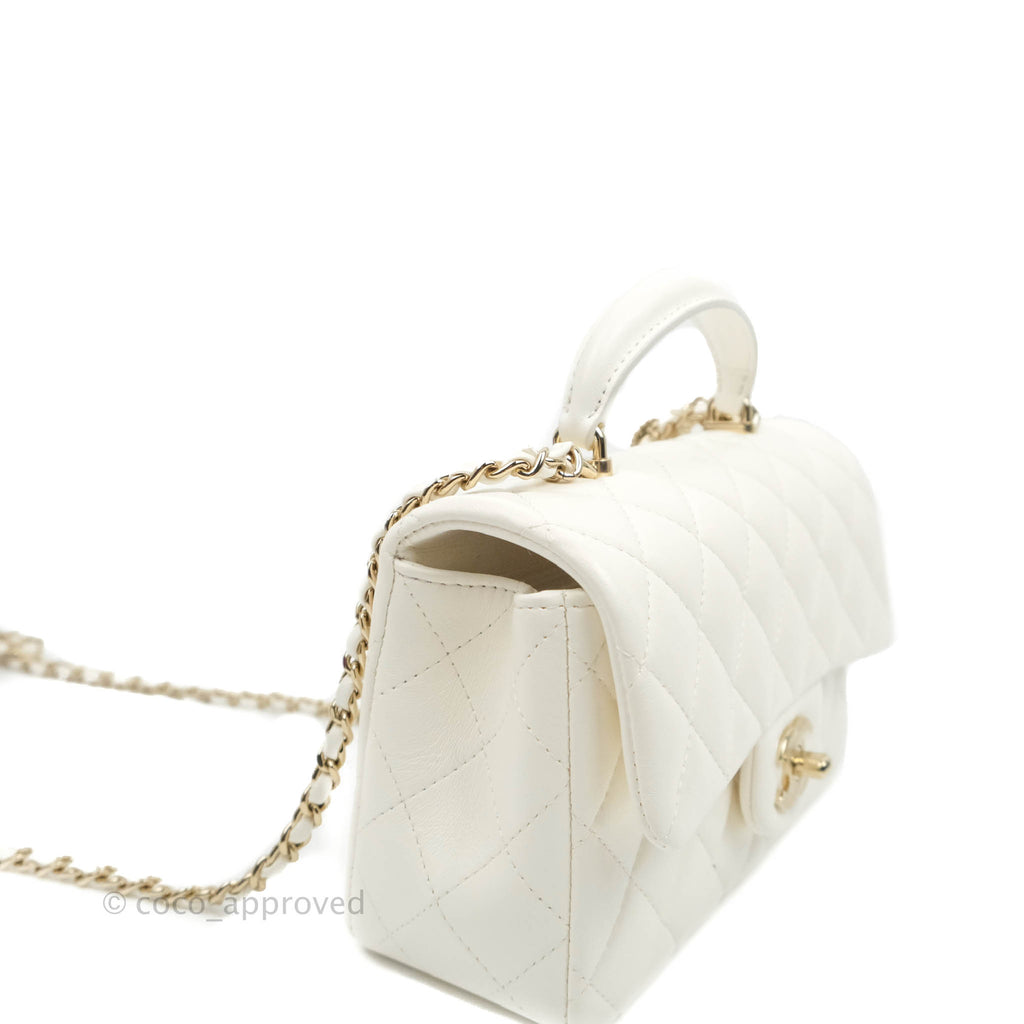 Chanel Top Handle Mini Rectangular Flap Bag with Lion Charm White Lambskin Gold Hardware
