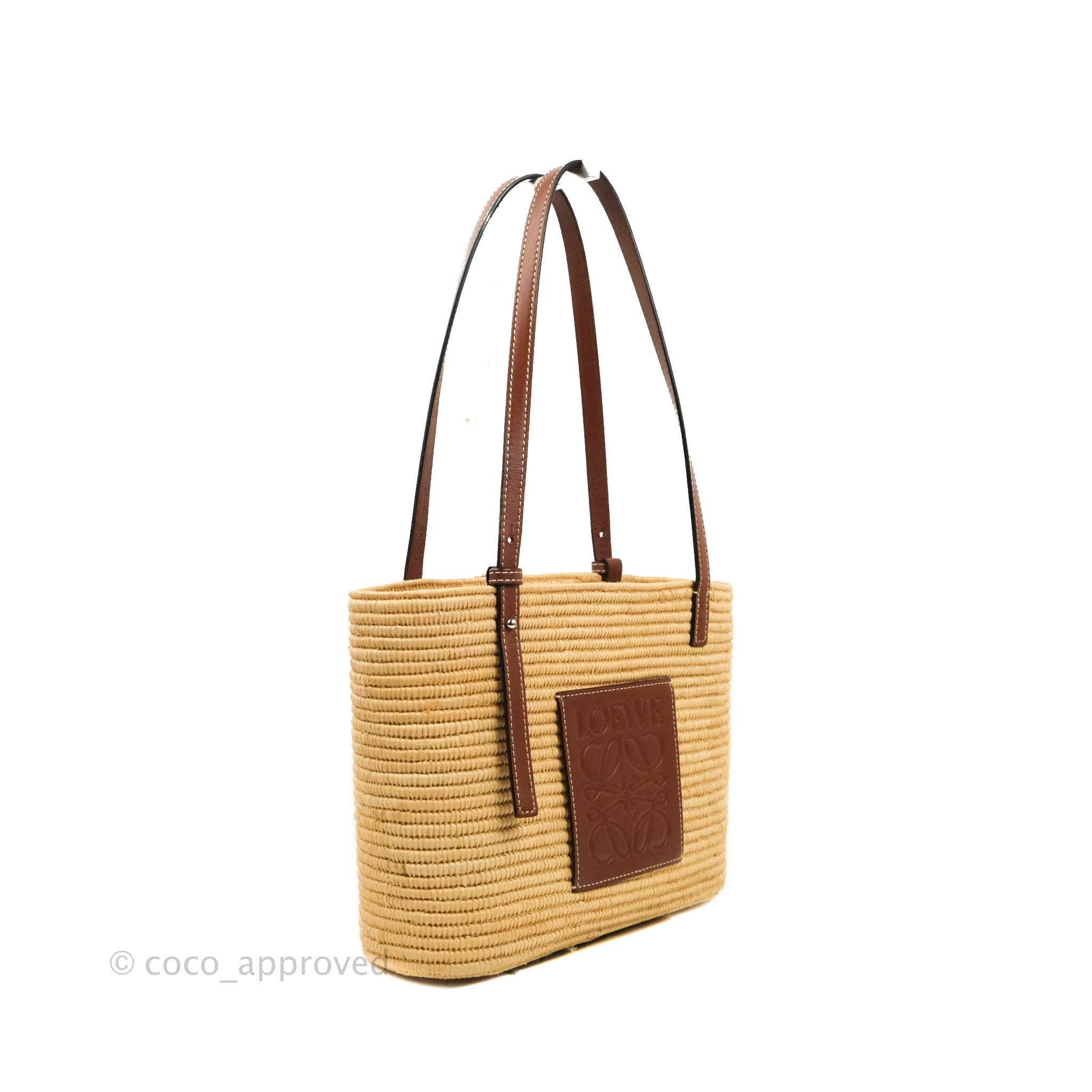 Small Square Basket bag in raffia and calfskin Natural/White - LOEWE