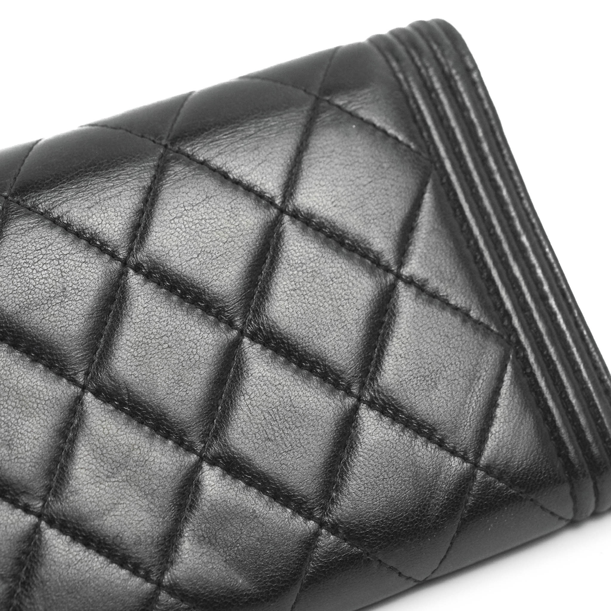 Chanel Quilted Boy Flap Long Wallet Black Lambskin Ruthentium
