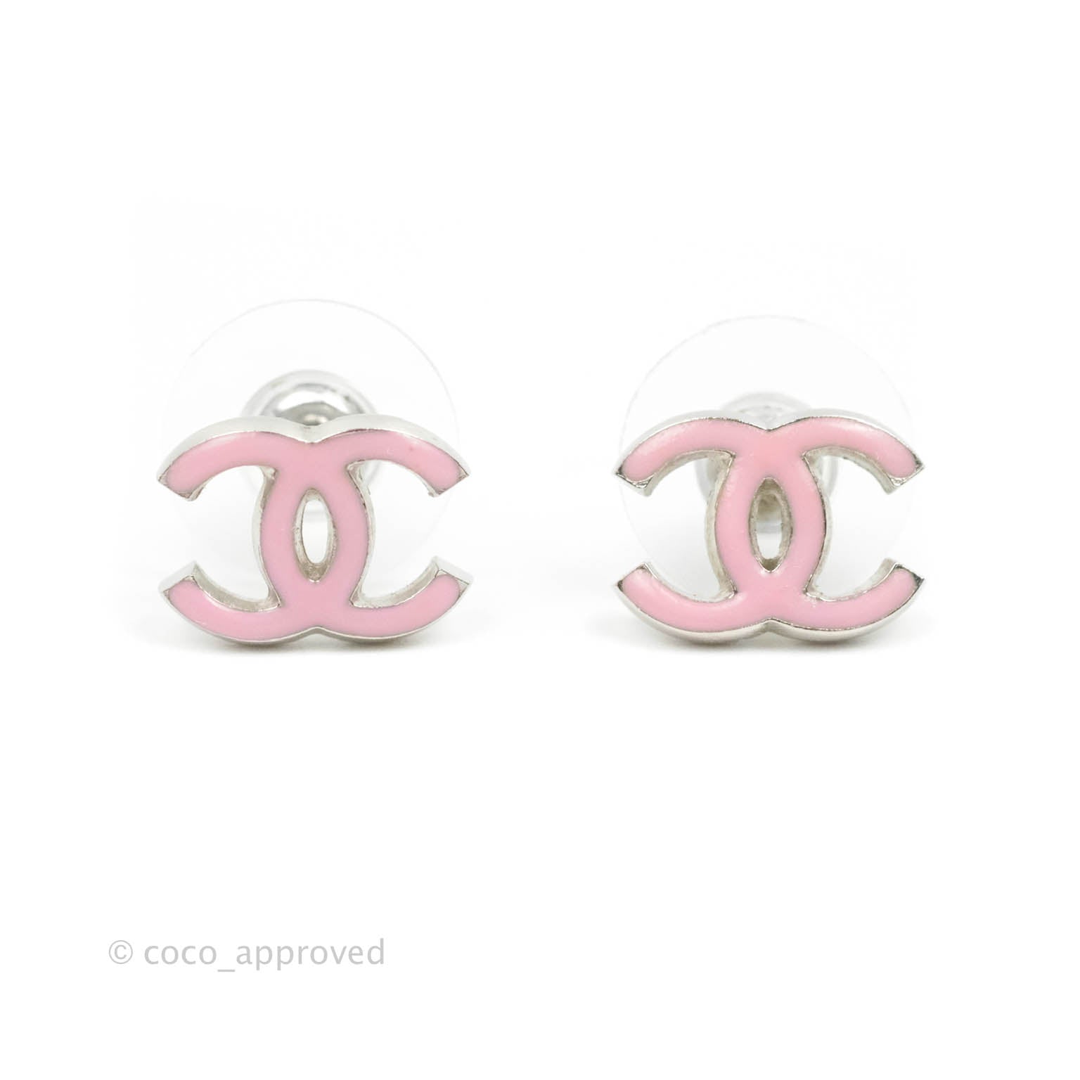 CHANEL Earrings CC Pink Beige Rhinestone COCO Stud 05C Silver