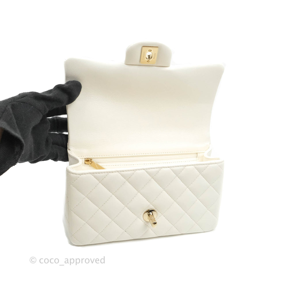 Chanel Top Handle Mini Rectangular Flap Bag with Lion Charm White Lambskin Gold Hardware
