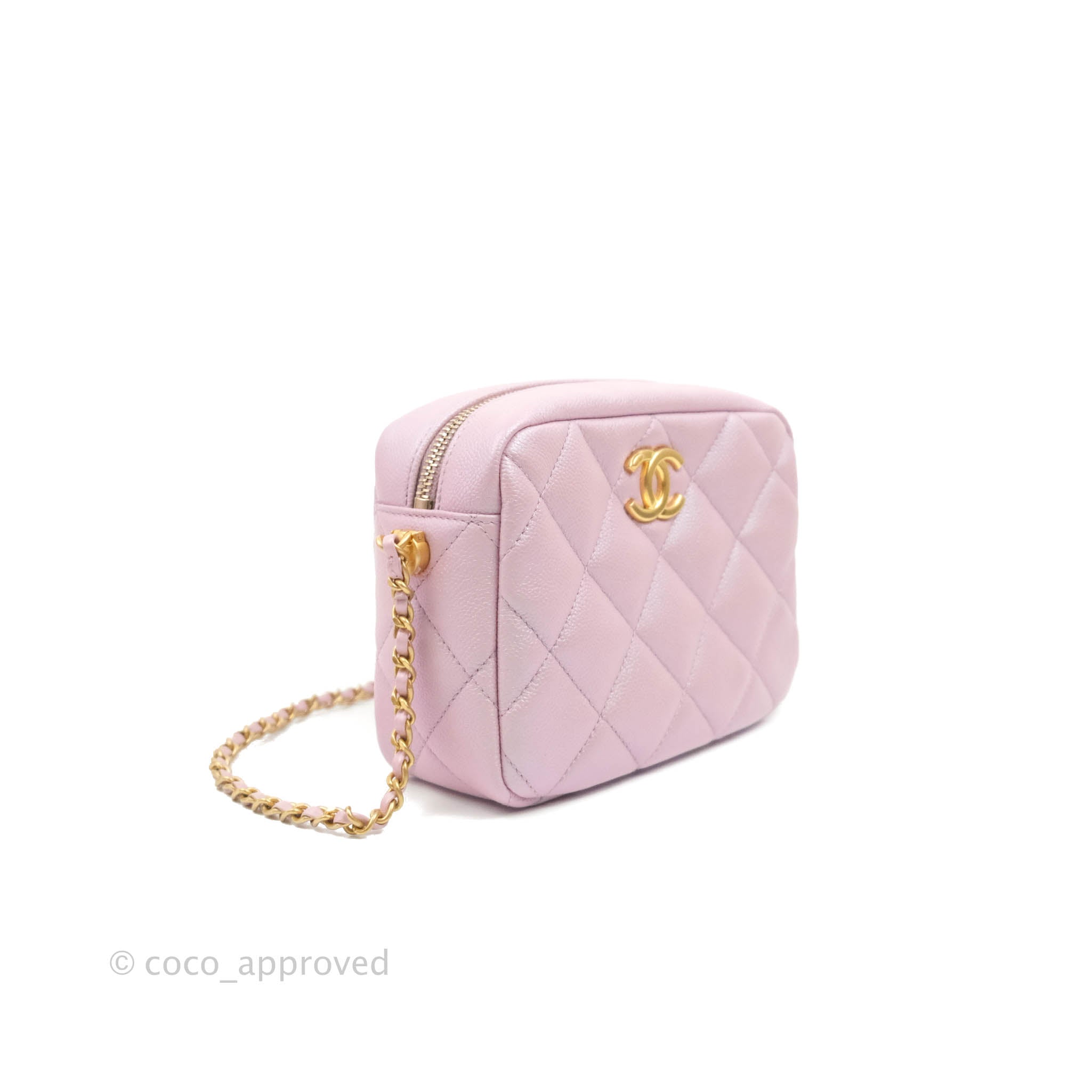 Chanel Quilted My Perfect Camera Case Iridescent Pink Caviar Aged Gold –  Coco Approved Studio