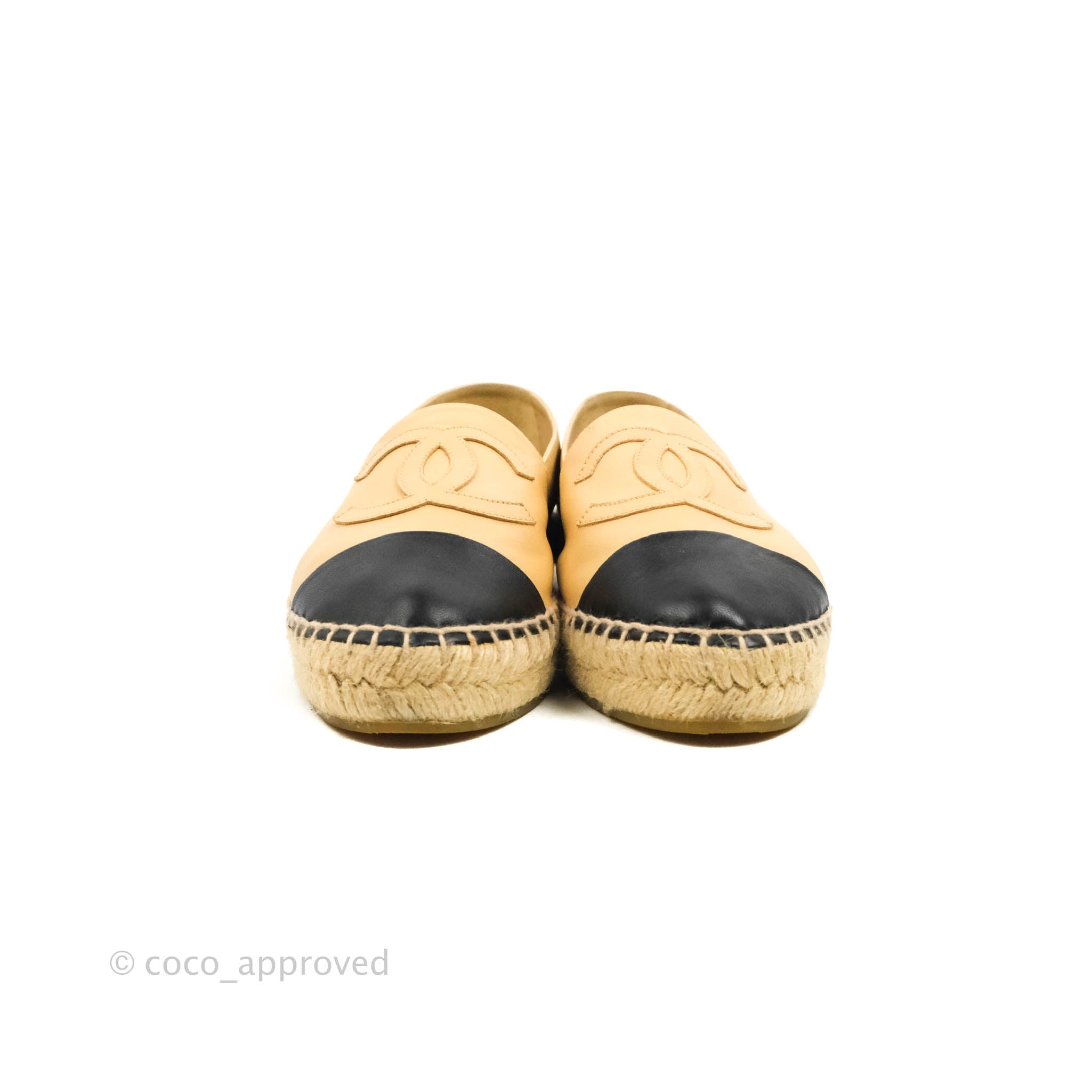 Chanel Espadrille Beige Black Leather Size 37 – Coco Approved Studio