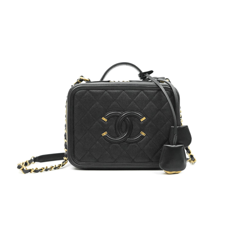 Chanel Quilted Medium CC Filigree Vanity Case Black Caviar Gold Hardware