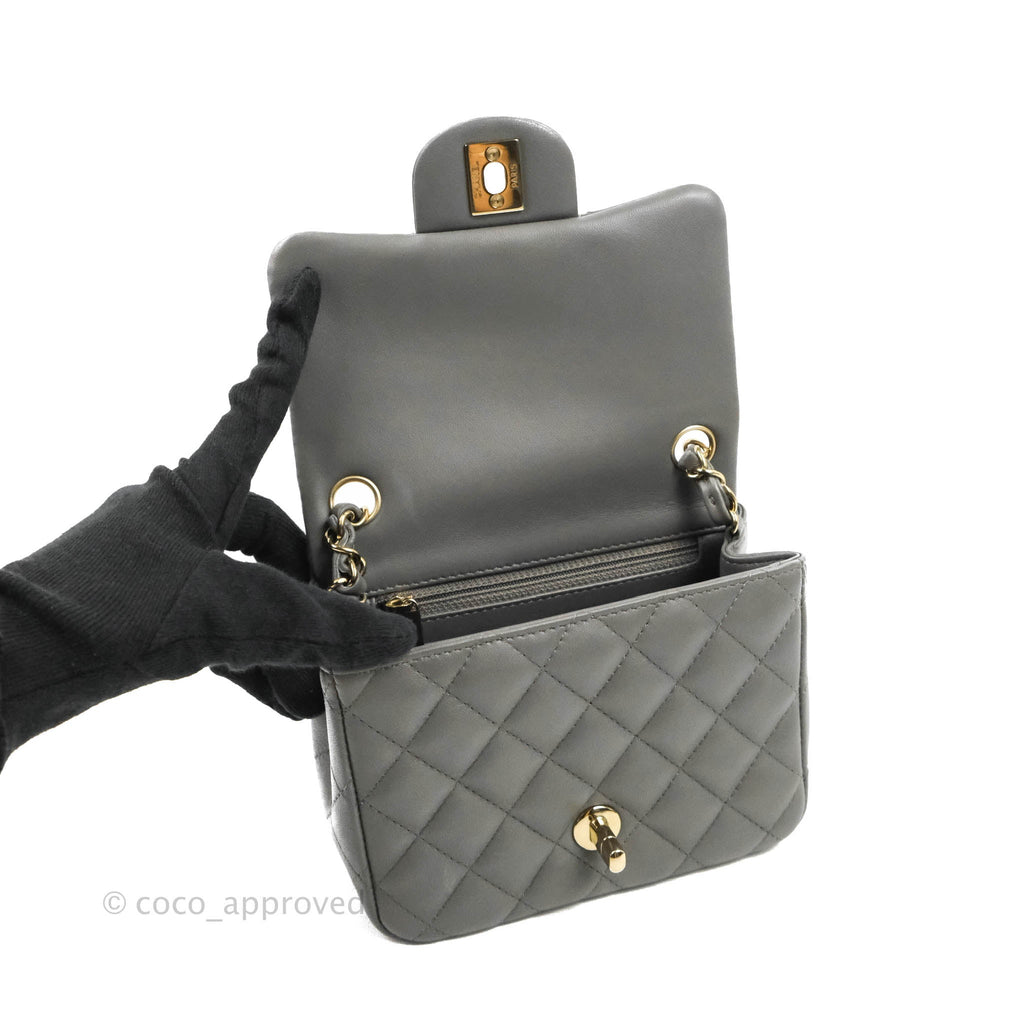Chanel Quilted Mini Square Grey Lambskin Gold Hardware