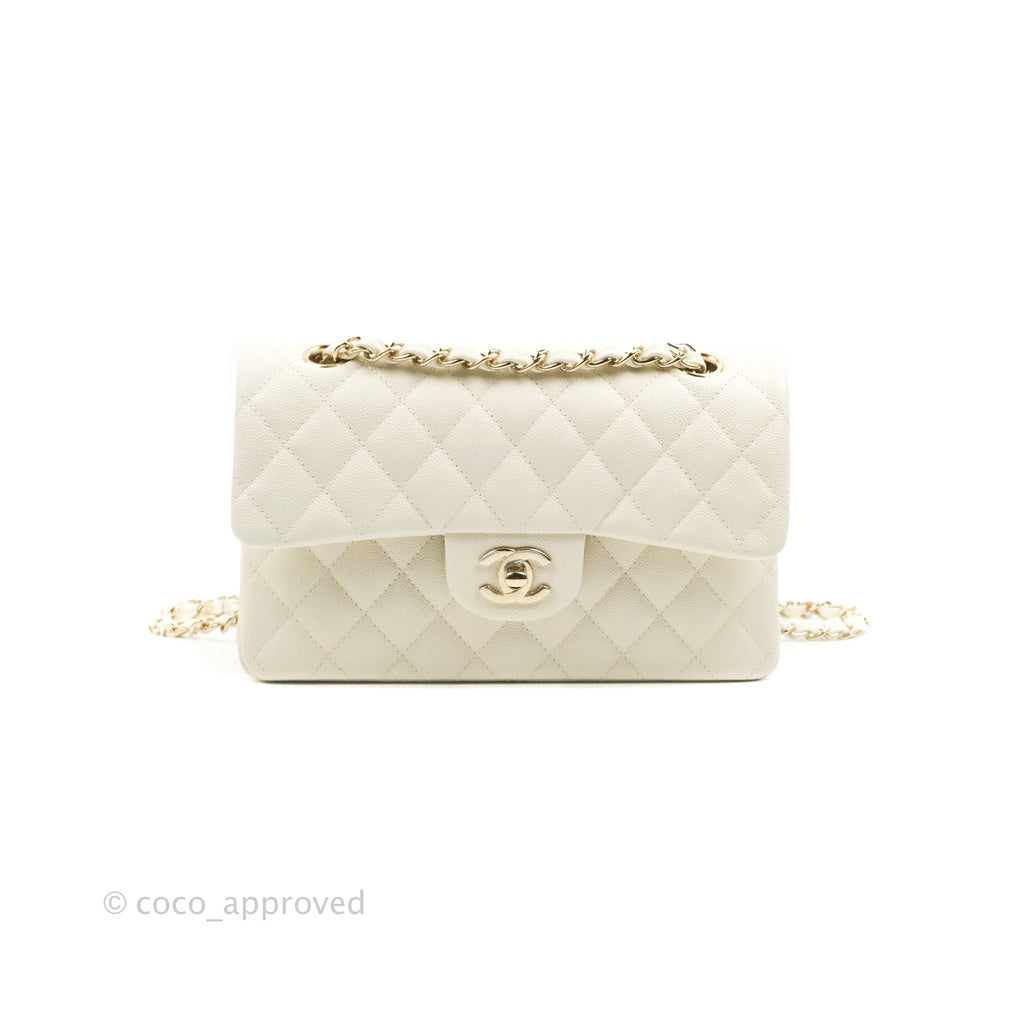 Chanel Classic Small S/M Quilted Flap White Caviar Gold Hardware