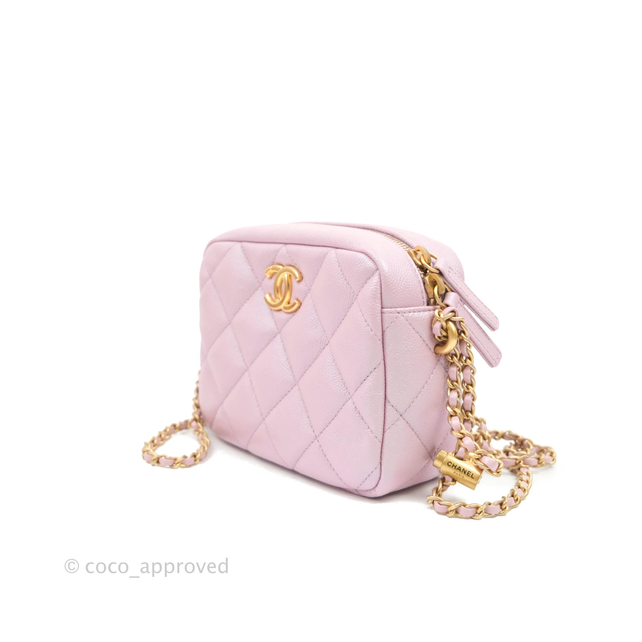 Chanel Quilted My Perfect Camera Case Iridescent Pink Caviar Aged Gold –  Coco Approved Studio