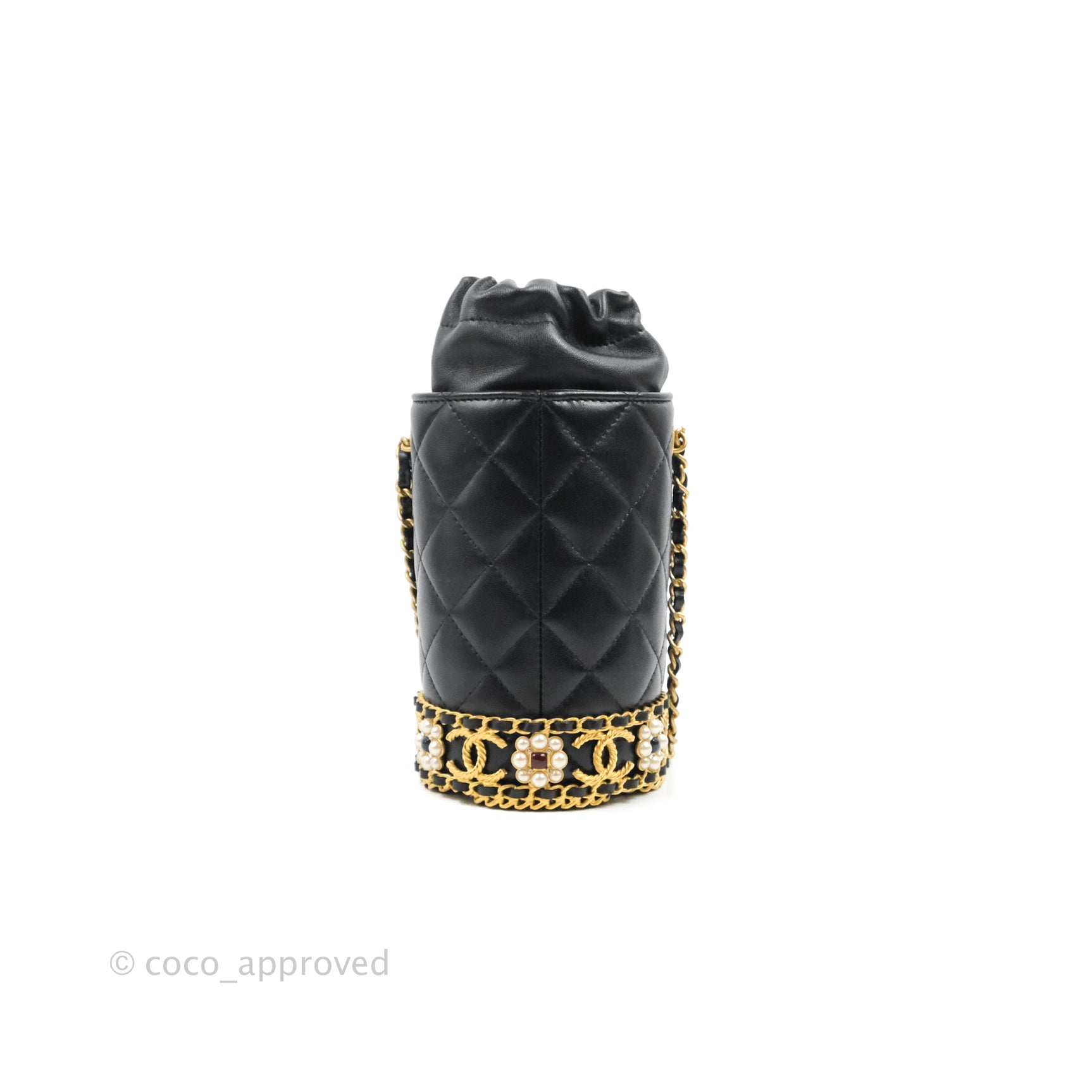 Chanel Pearl Crush Bucket Bag Black Lambskin Aged Gold Hardware 22S – Coco  Approved Studio