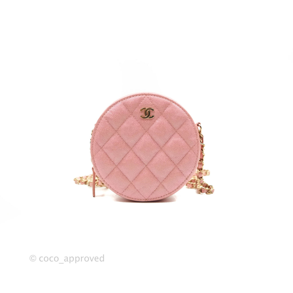 Chanel Classic Quilted Round Clutch With Chain Iridescent Pink Caviar Gold Hardware