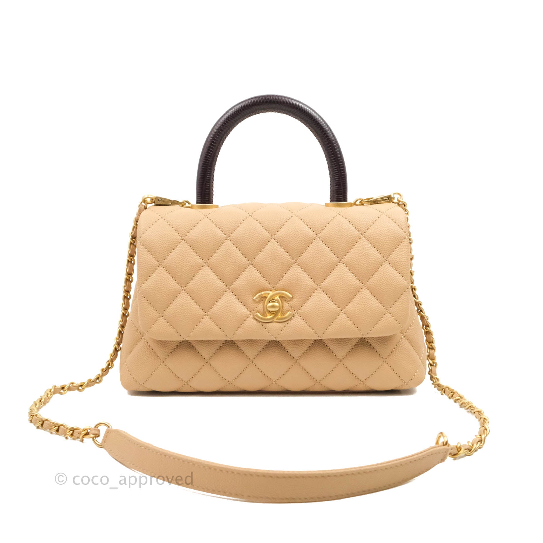Chanel Small Coco Handle Quilted Beige Caviar Gold Hardware Lizard Handle