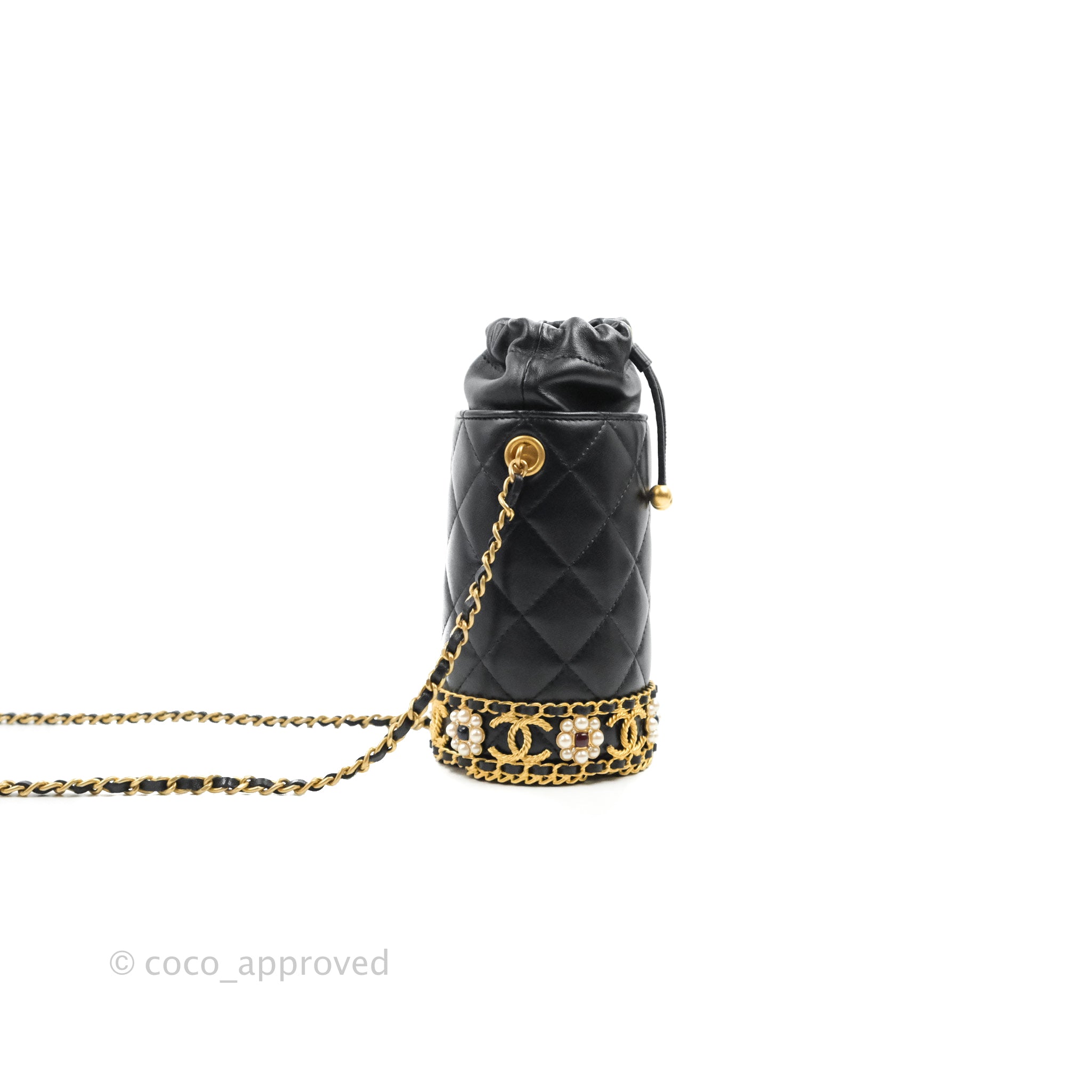 Chanel Quilted Drawstring Pearl Flower Bucket Bag Black Lambskin Aged – Coco  Approved Studio