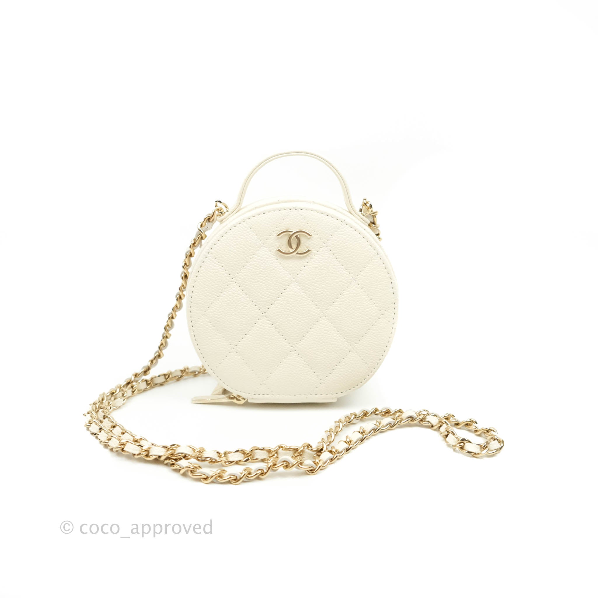 Chanel Mini Round Vanity Bag with Handle Ivory Caviar 22C – Coco Approved  Studio