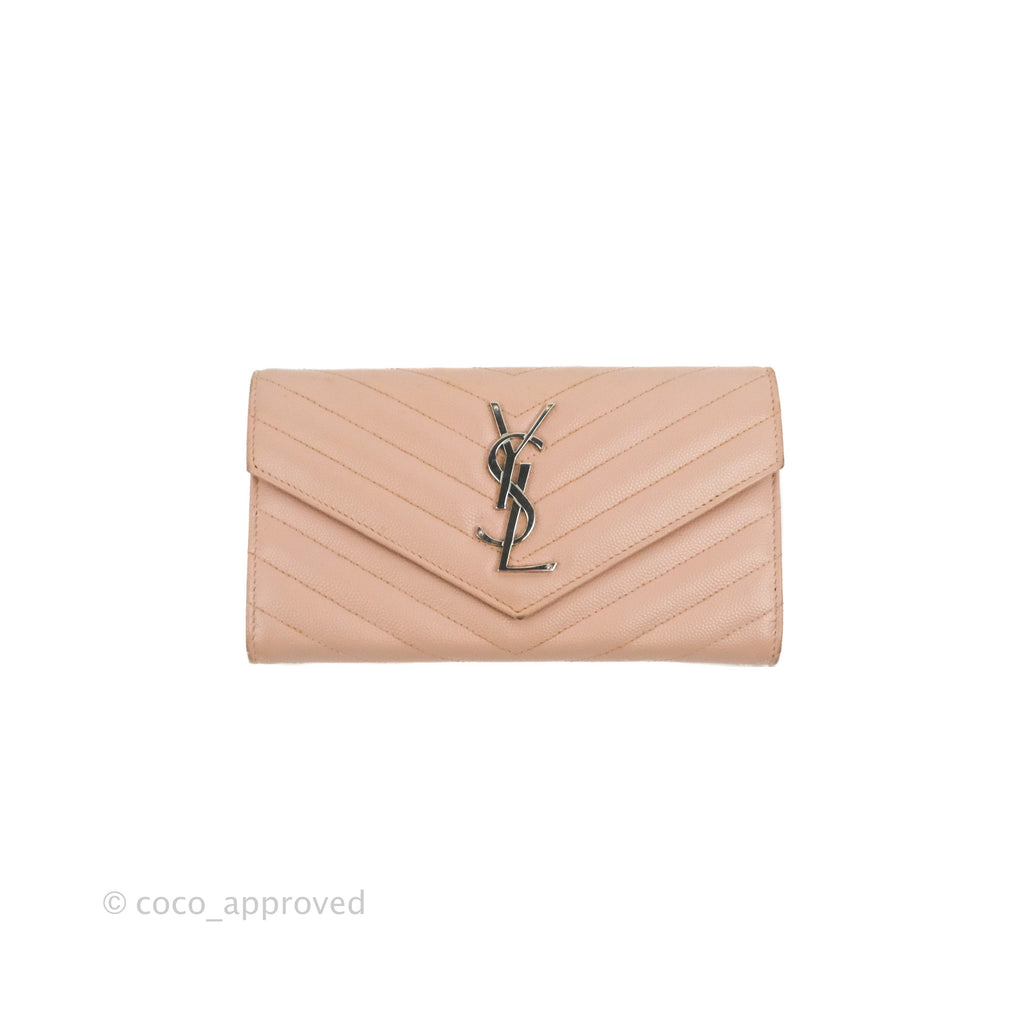 Saint Laurent Quilted Envelope Wallet Pink Grained Leather Silver Hardware