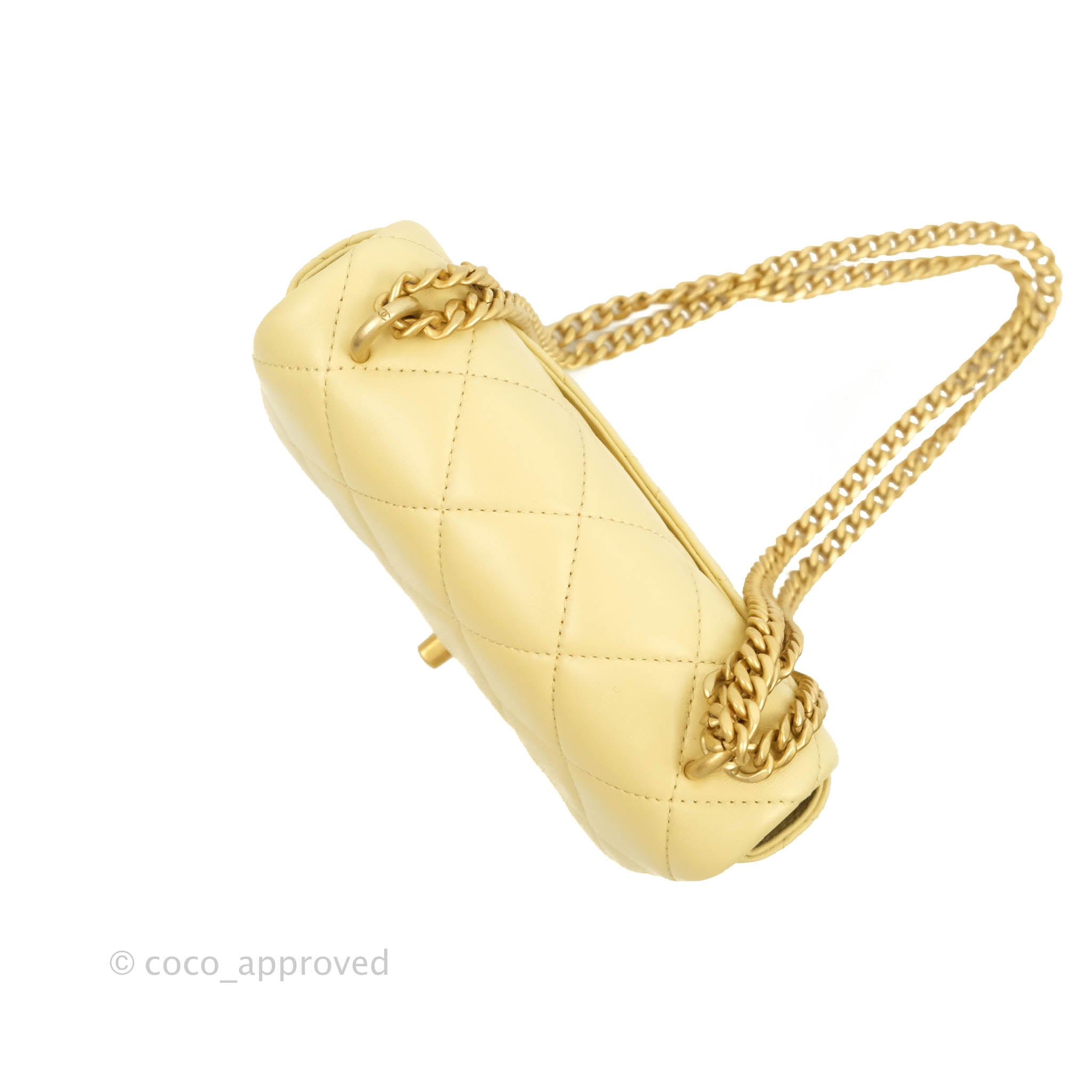 Chanel Enamel Quilted Pending CC Mini Square Flap Yellow Lambskin Aged –  Coco Approved Studio