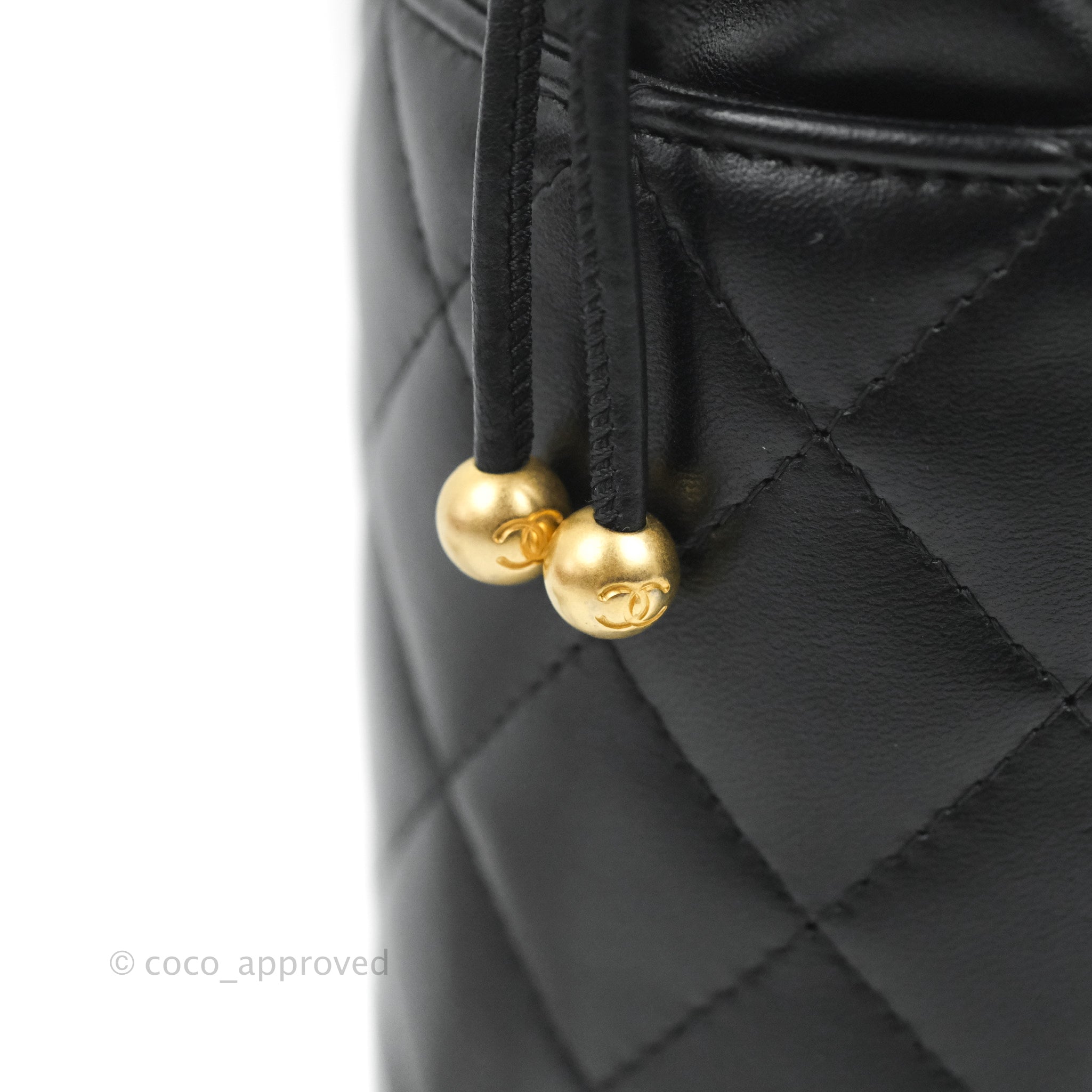 Chanel 2021 Black Quilted Lambskin Leather Pearl Drawstring Bucket Bag