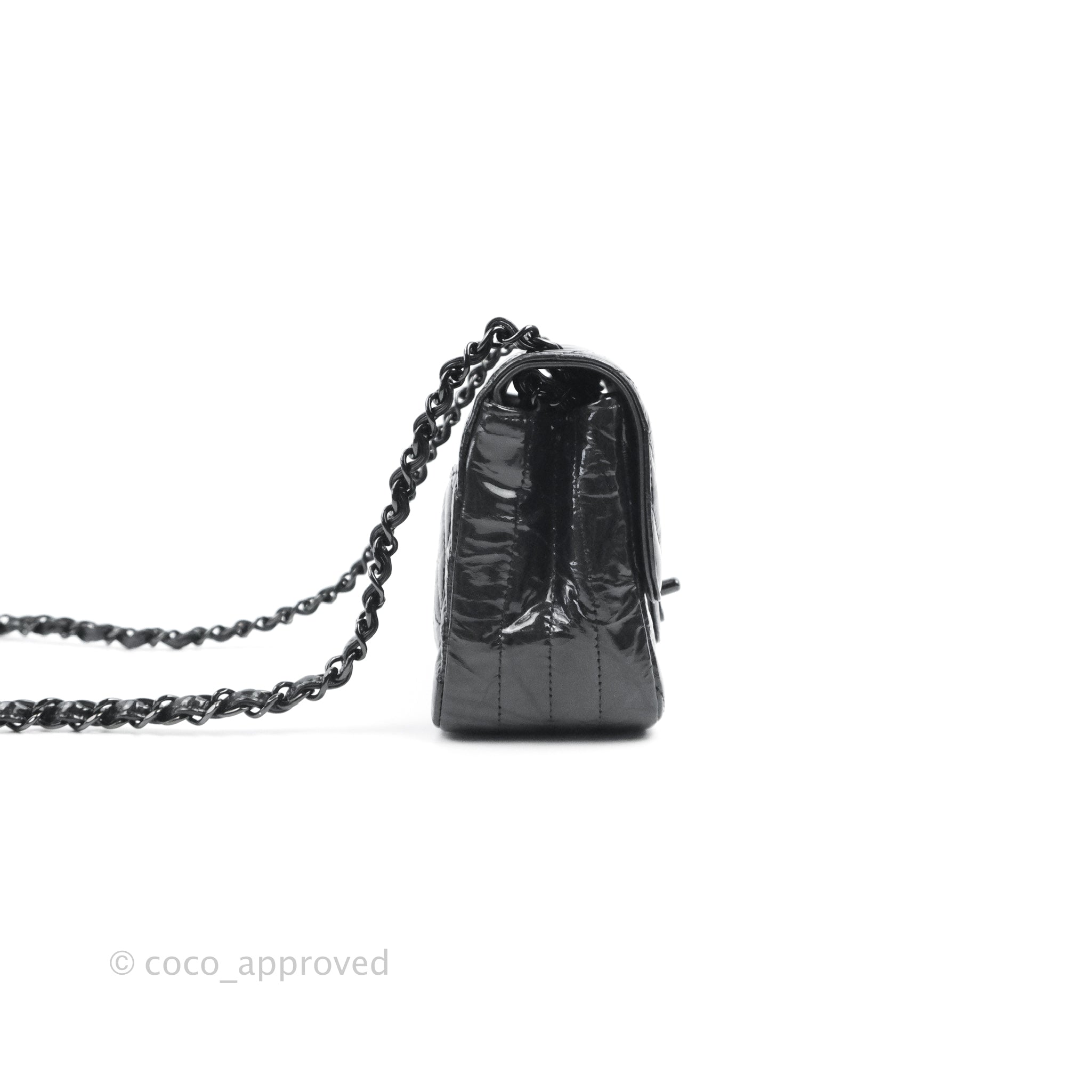 Chanel Mini Square Chevron Flap Black Crumpled Metallic Patent So