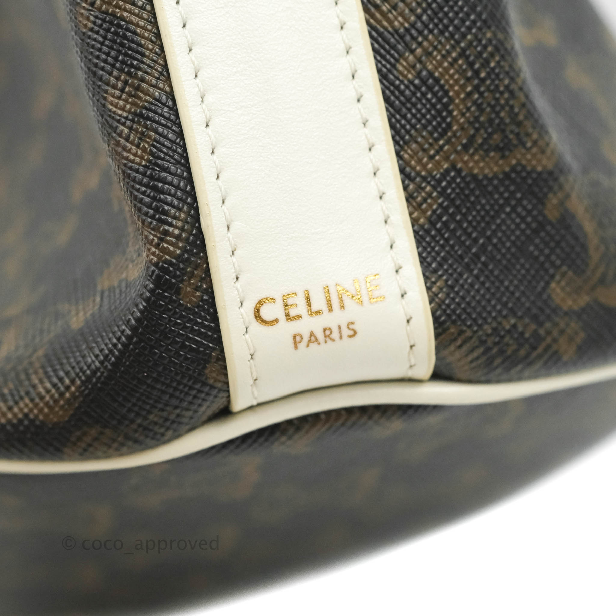 Celine Small Drawstring Bag Triomphe Canvas Tan Calfskin – Coco Approved  Studio