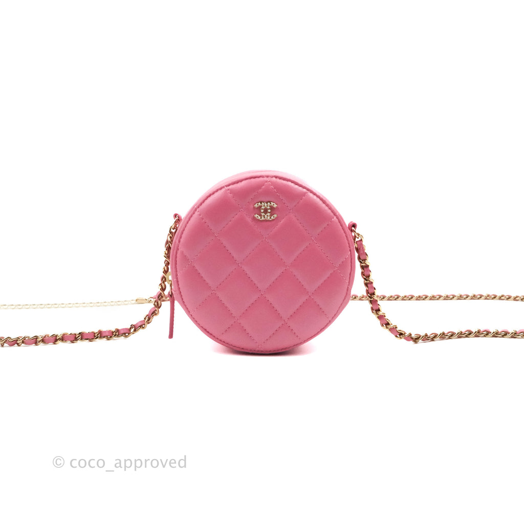 Chanel Quilted Round Clutch With Pearl Chain Iridescent Pink Lambskin Gold Hardware
