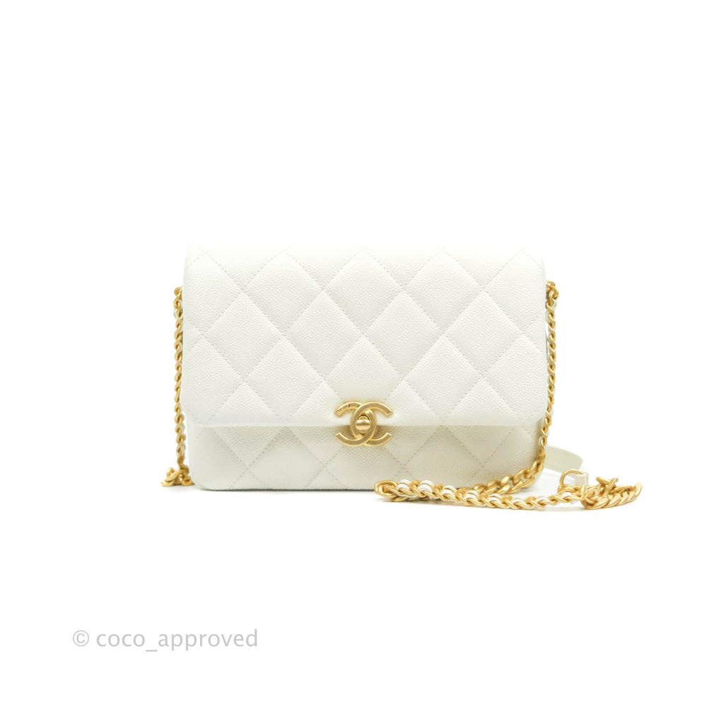 Chanel Small Quilted Melody Flap White Caviar Aged Gold Hardware 22P