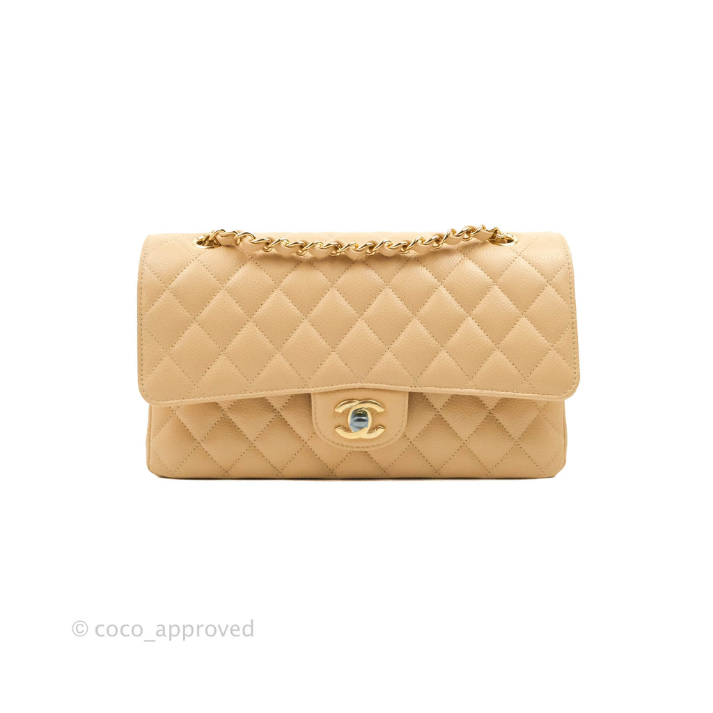 Chanel Classic M/L Medium Flap Quilted Beige Caviar Gold Hardware