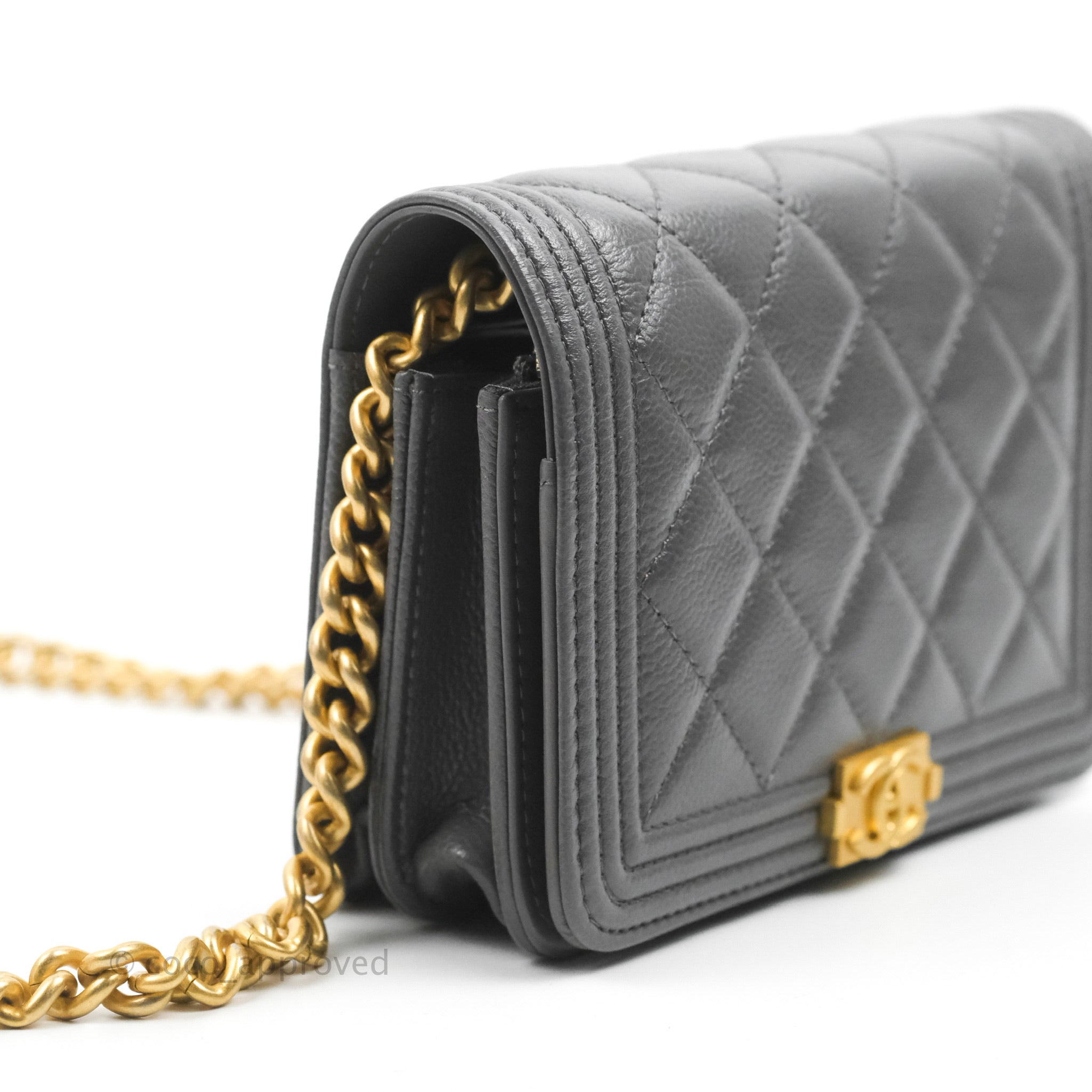 Chanel Quilted Mini Boy Wallet on Chain WOC Dark Grey Caviar Aged