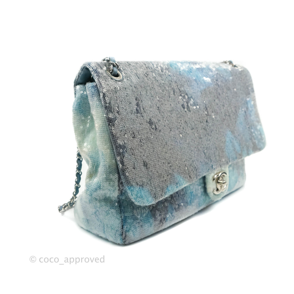 Chanel Large Sequin Waterfall Flap Bag Blue Silver Hardware