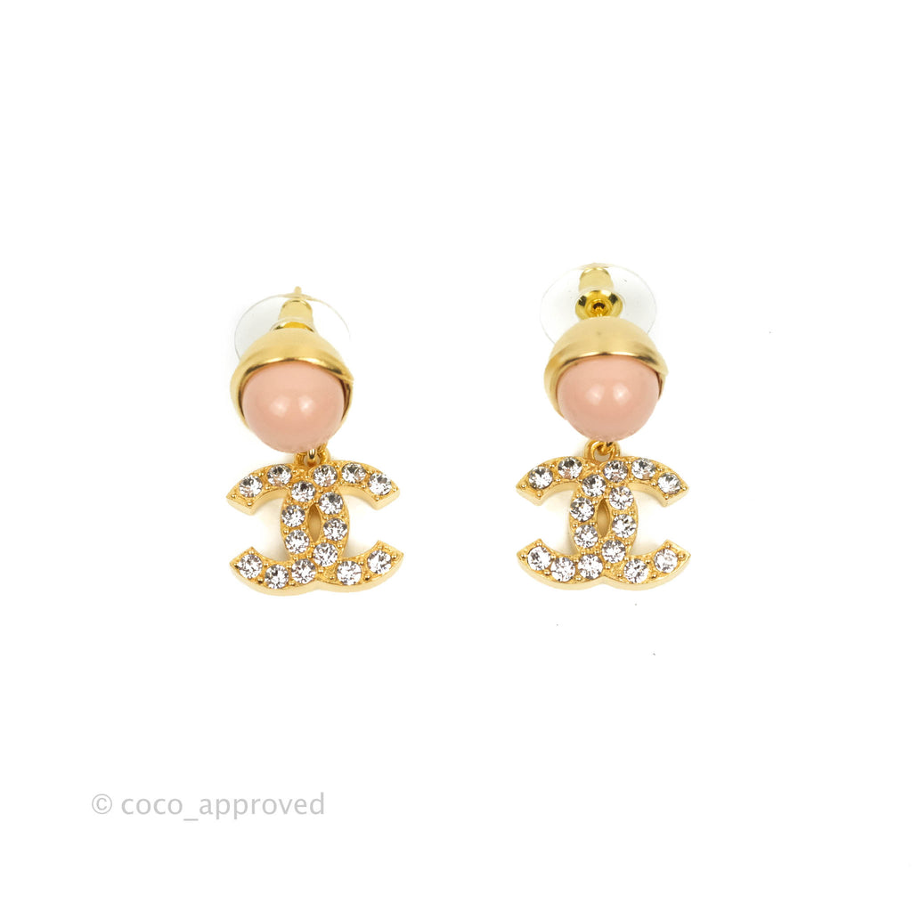 Chanel Pink Resin Crystal CC Drop Earrings Gold Tone 22A