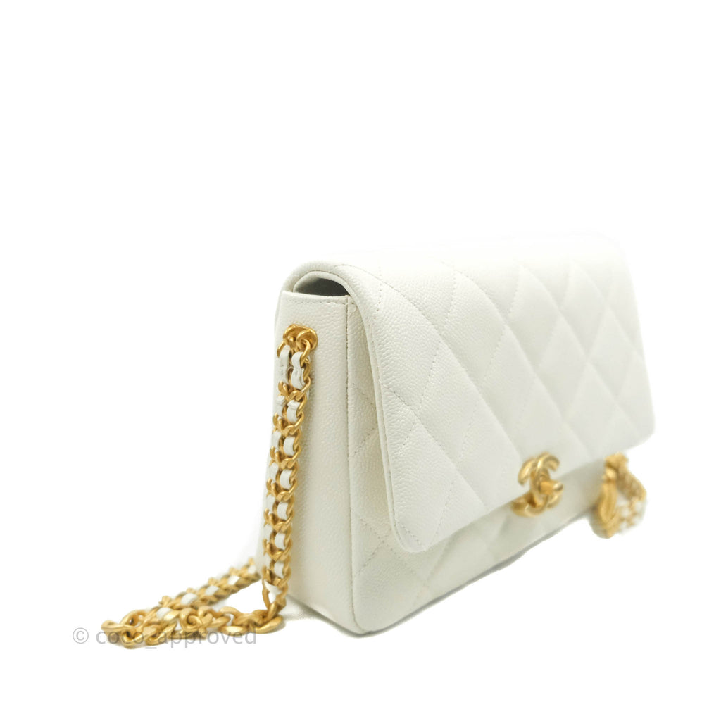 Chanel Small Quilted Melody Flap White Caviar Aged Gold Hardware 22P