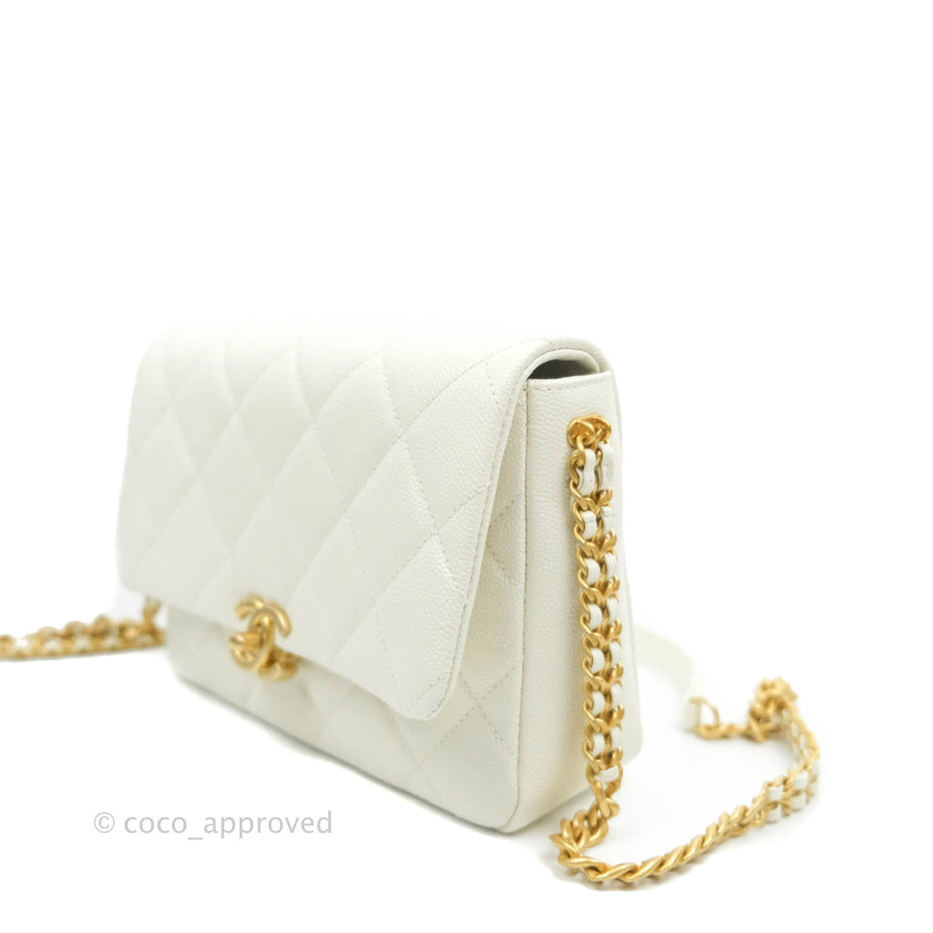 Chanel Small Quilted Melody Flap White Caviar Aged Gold Hardware 22P