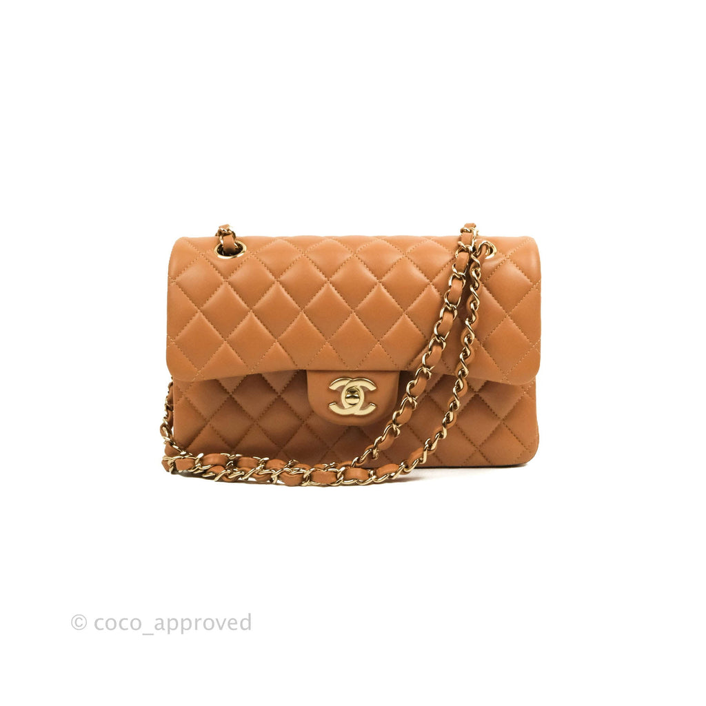 Chanel Small Classic Quilted Flap Dark Beige Caramel Lambskin Gold Hardware