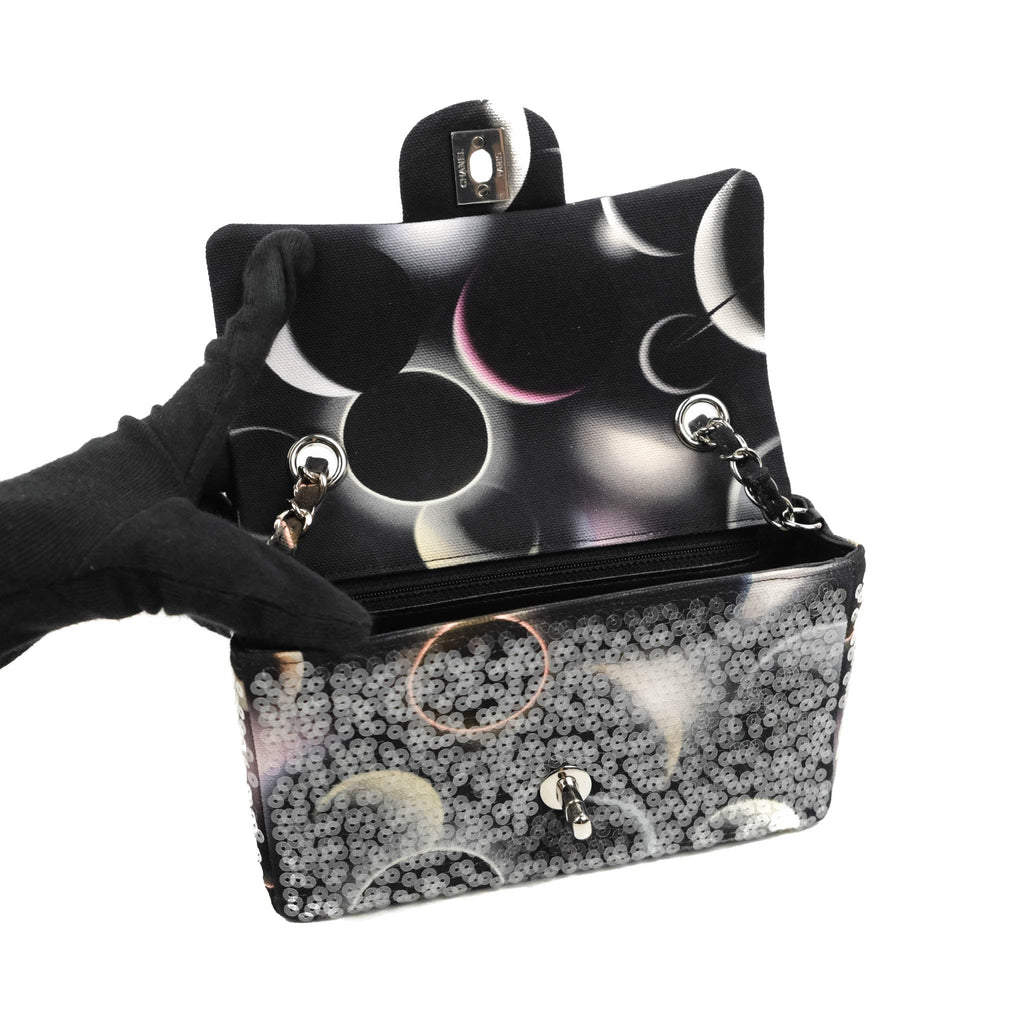 Chanel Mini Rectangular Flap Sequin Printed Canvas Silver Hardware 17K