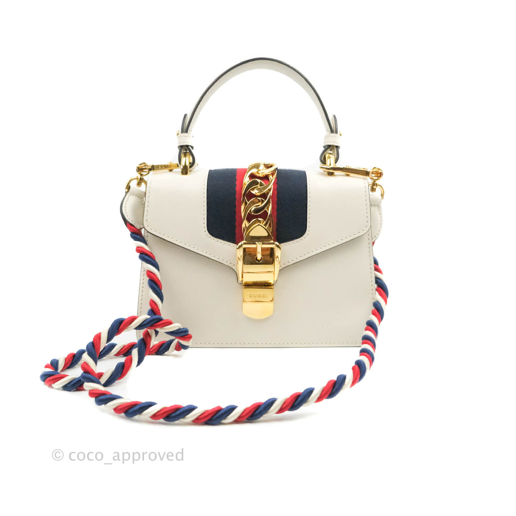 Gucci White Leather Mini Sylvie Top Handle Bag Gold Hardware