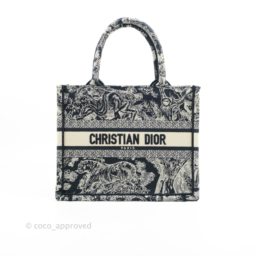 Christian Dior Small Embroidered Toile De Jouy Navy Canvas Book Tote