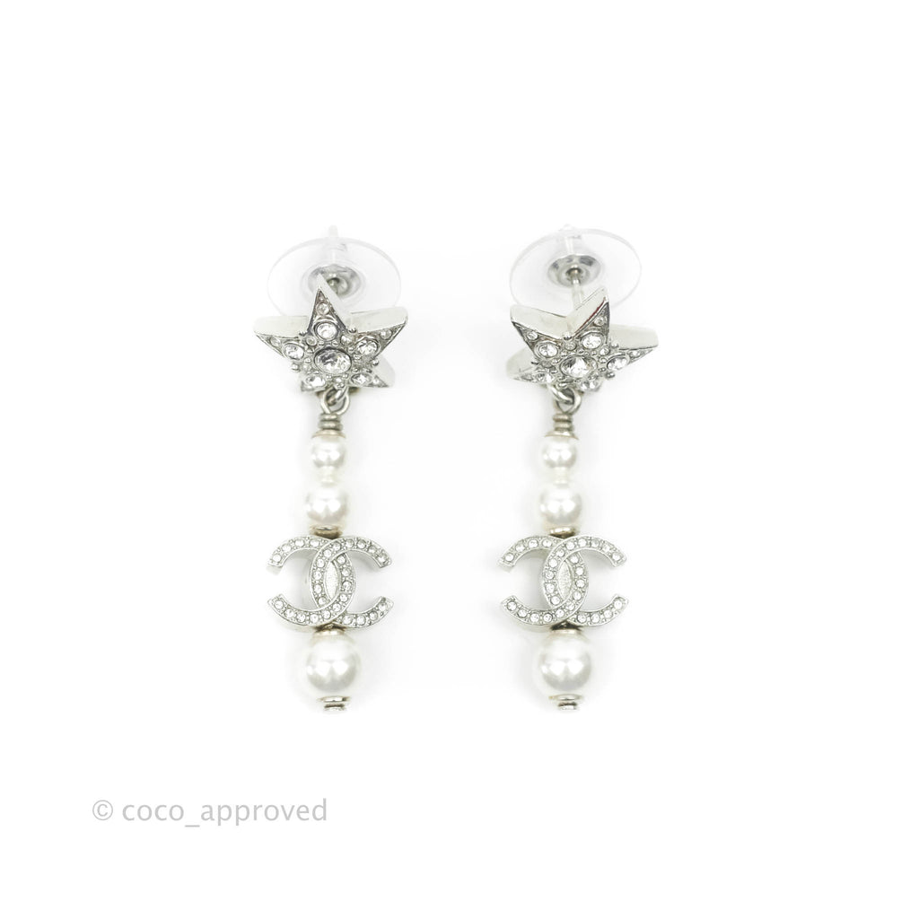 Chanel Crystal Pearl CC Star Drop Earrings Silver 20P