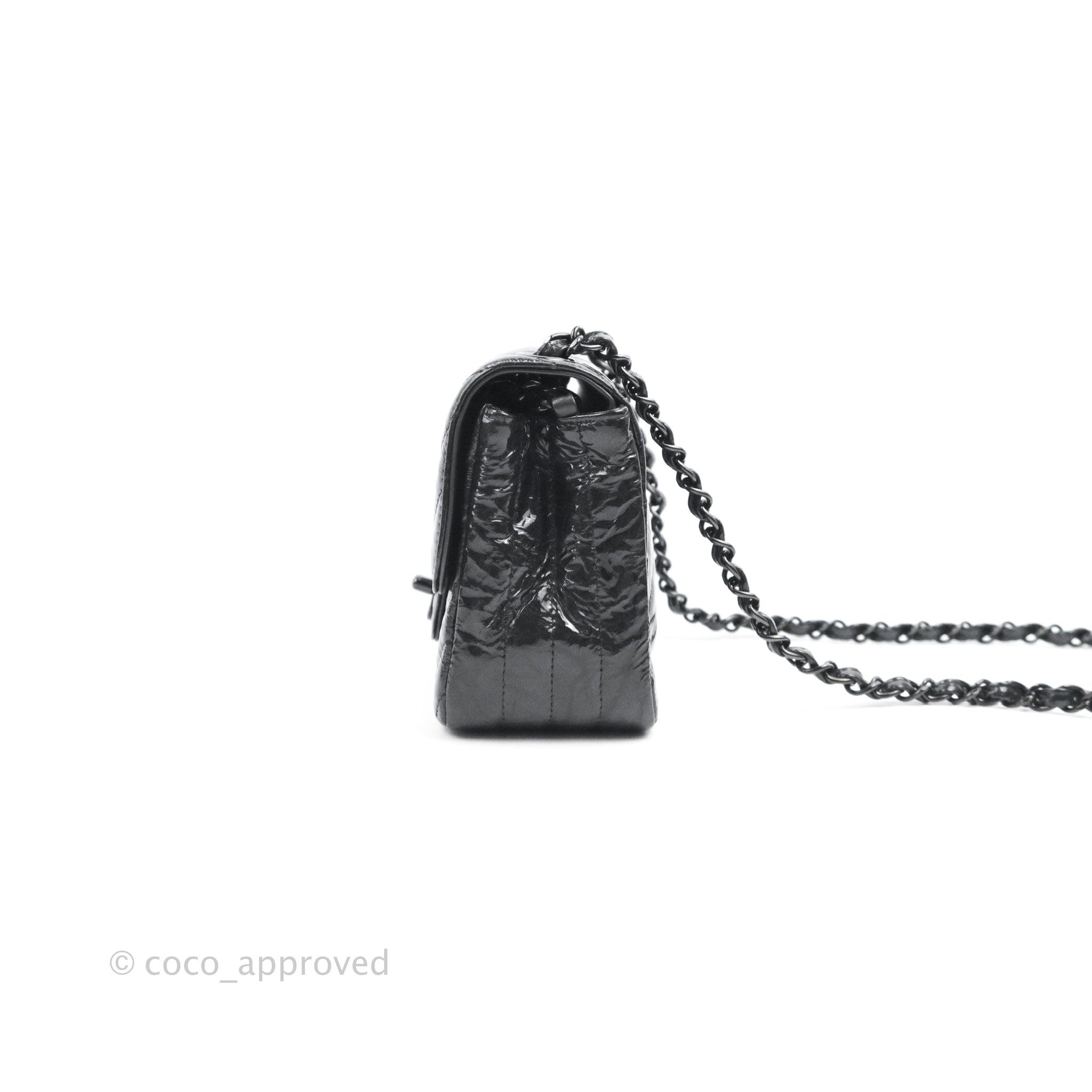 Chanel Mini Square Chevron Flap Black Crumpled Metallic Patent So